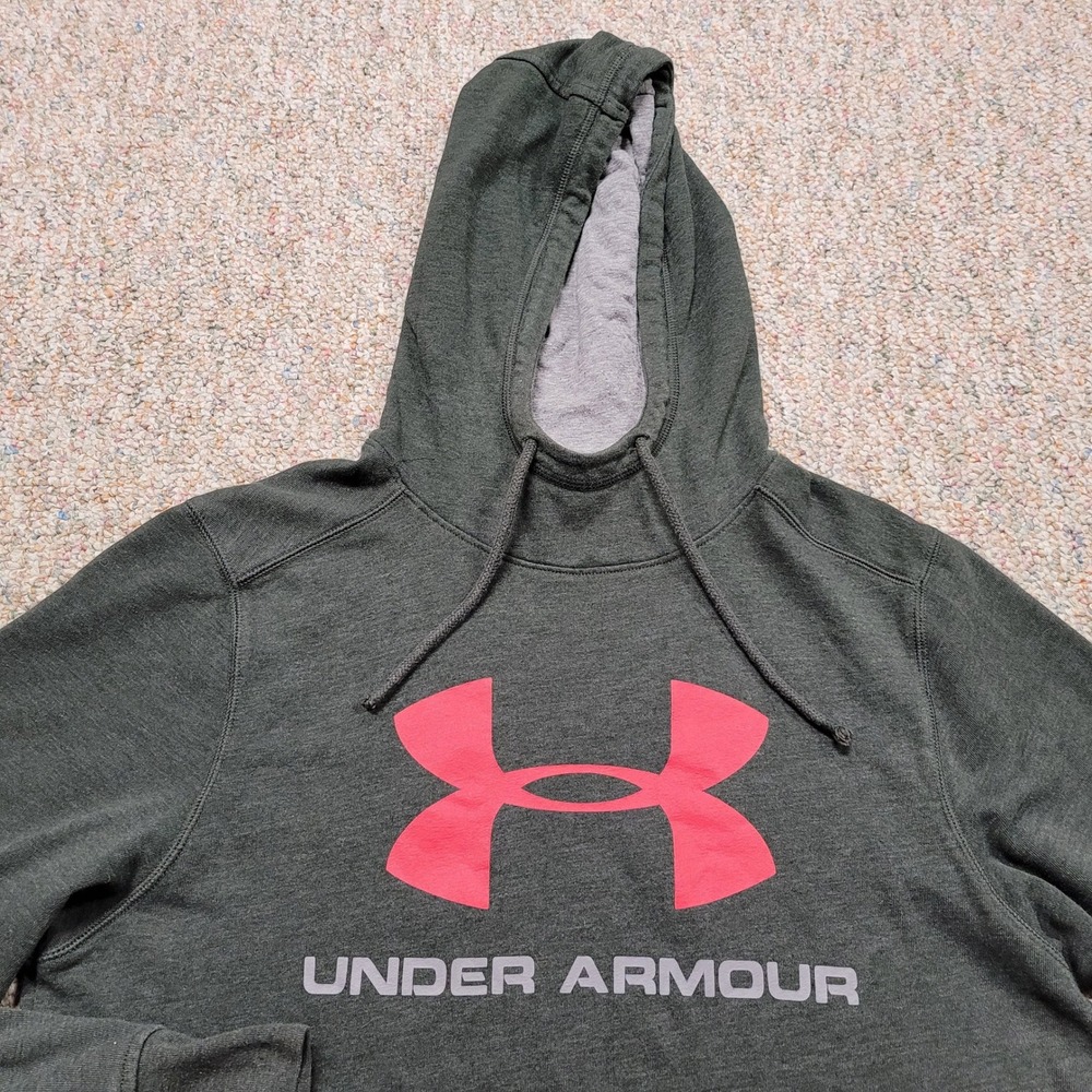 Under Armour Hoodie Mens Small Grey Green Big Logo Pullover Sweatshirt Outdoors - Picture 2 of 11